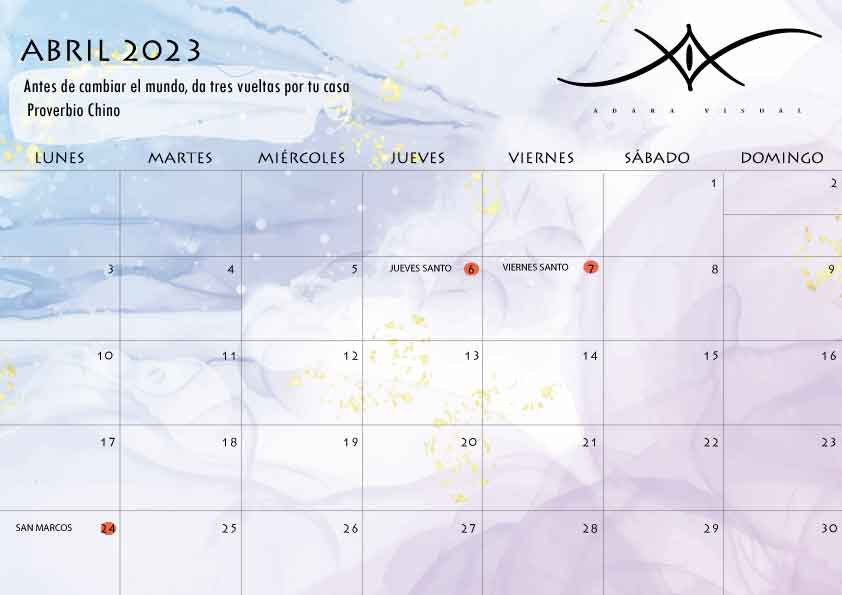 Calendario abril 2023 realizado por adara visual