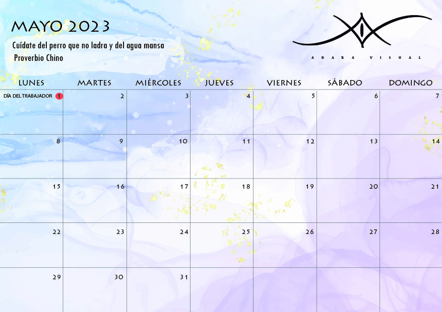 Calendario descargable gratuito de mayo 2023 realizado por adara visual