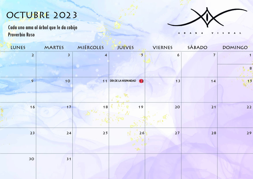 Calendario descargable gratuito de octubre 2023 realizado por adara visual