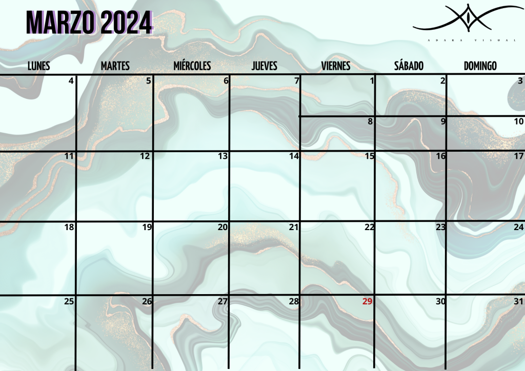 Calendario descagable gratuito marzo 2024 de adara visual